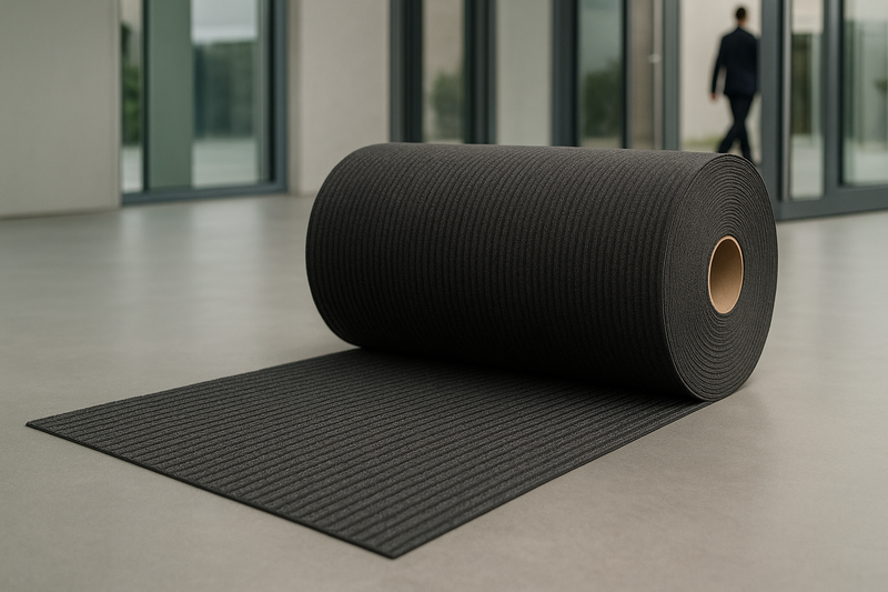 Heavy-duty anthracite entrance mat rolled out on polished lobby floor; ribbed surface channels moisture and dirt; man in background shows scale; ideal for commercial entrances