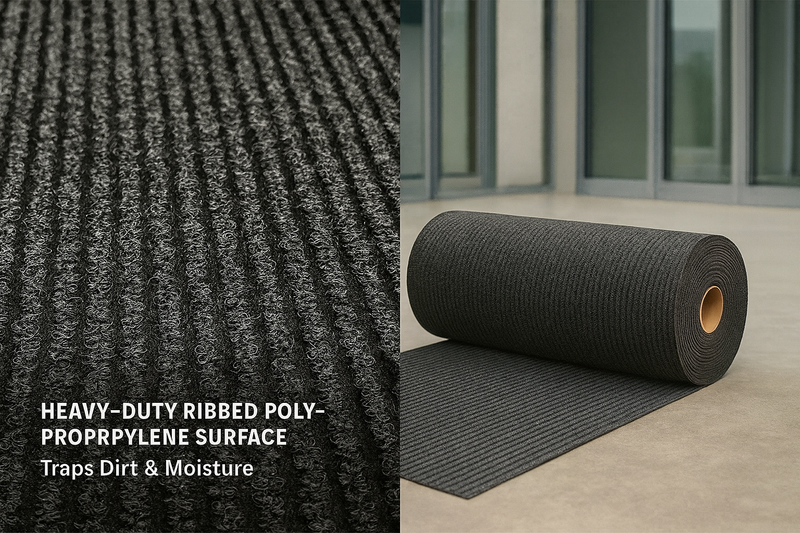 Heavy-duty ribbed polypropylene mat with polished shoe on grooves; surface traps dirt and moisture, improves traction; ideal for commercial entrances