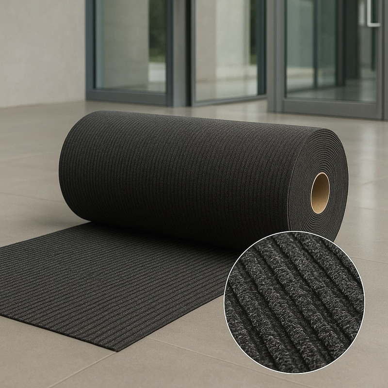 Rolled heavy-duty anthracite entrance mat in modern lobby; circular inset shows ribbed texture capturing dirt and moisture and improving traction; durable commercial barrier