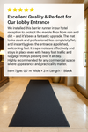 Image with customer review praising Slip-Not heavy-duty non-slip rubber runner; shows black runner in hotel lobby with marble floors; highlights dirt trapping, slip resistance, and appearance.