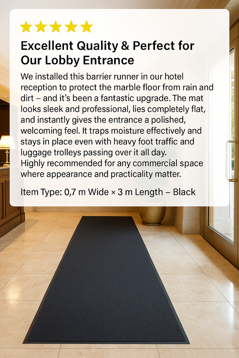 Image with customer review praising Slip-Not heavy-duty non-slip rubber runner; shows black runner in hotel lobby with marble floors; highlights dirt trapping, slip resistance, and appearance.