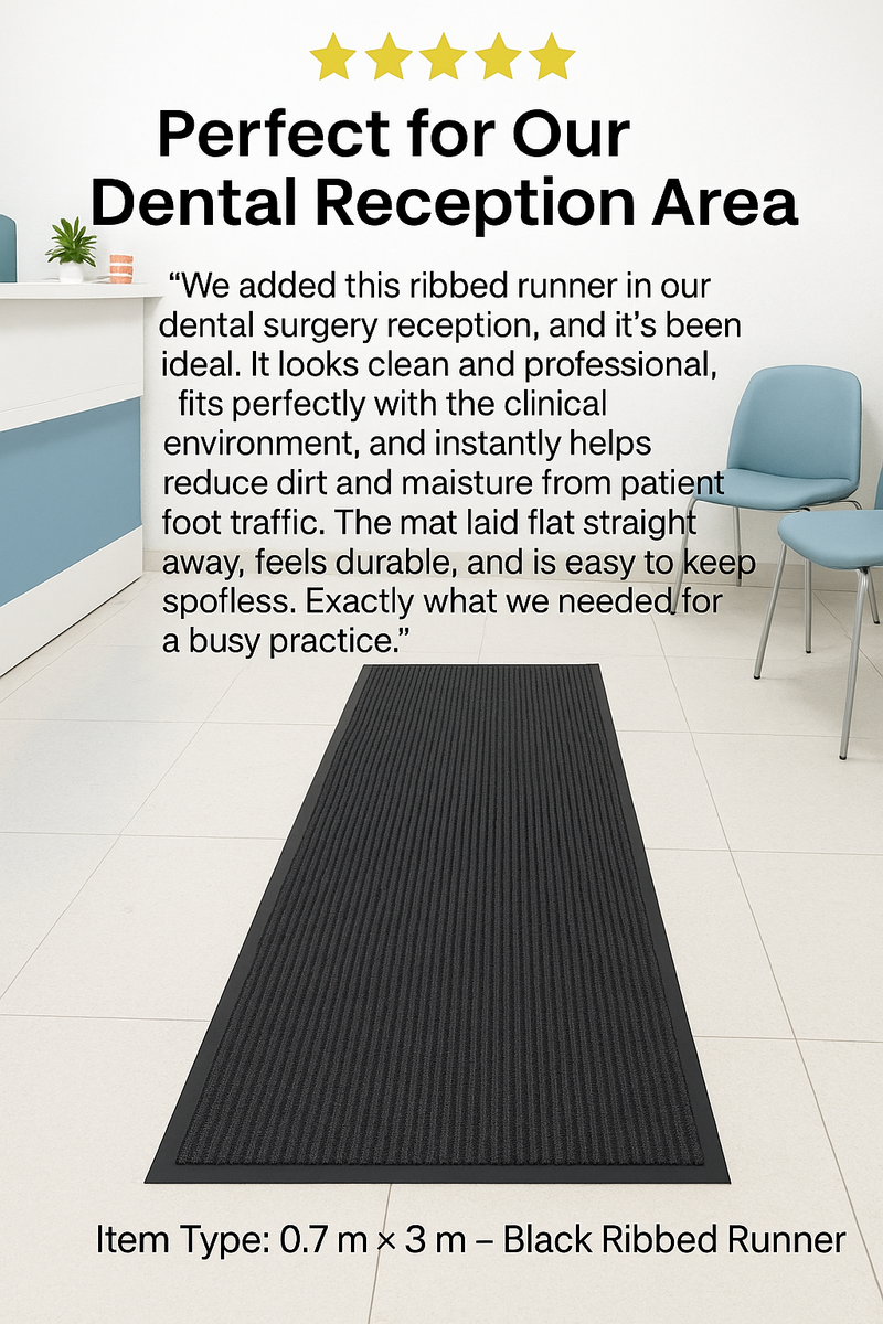 Testimonial graphic showing ribbed non-slip rubber runner in dental reception area; chair and plant by the wall; review highlights clean appearance and dirt-trapping performance for busy practices.