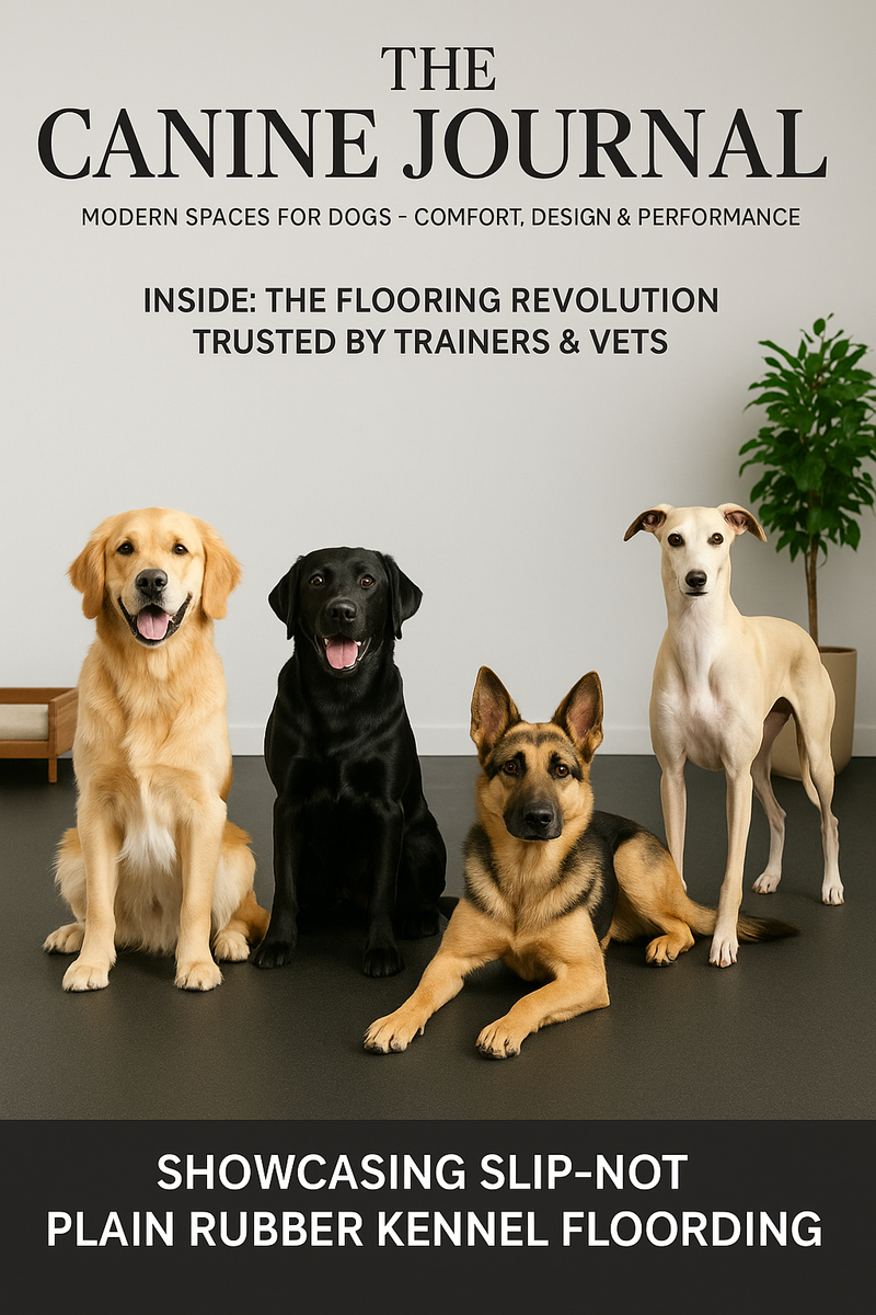 Promotional poster showing four dogs sitting on plain rubber kennel flooring inside "The Canine Journal" feature, highlighting Slip-Not plain rubber kennel flooring.