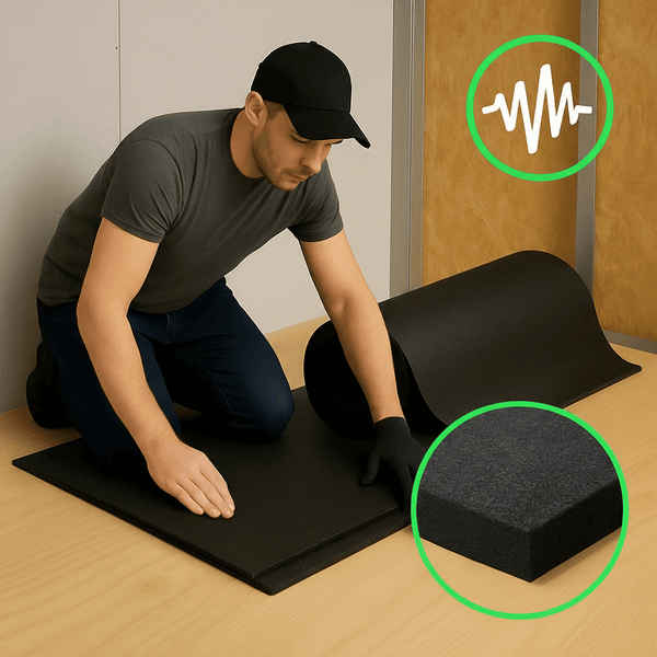 Acoustic soundproof rubber underlay being installed; high-density barrier mat for floors providing impact and airborne noise reduction up to 78 dB, sold by the linear metre for homes and commercial soundproofing.