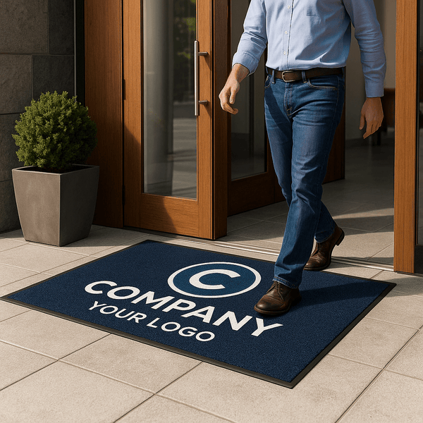 Person stepping on custom logo mat outside entrance with durable rubber backing and company logo.