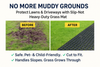 Infographic titled 'No More Muddy Grounds' showing before-and-after images illustrating how Slip-Not heavy-duty rubber grass mats protect lawns and driveways from mud; highlights safe, pet- and child-friendly design, easy to cut, handles slopes and allows grass to grow through.