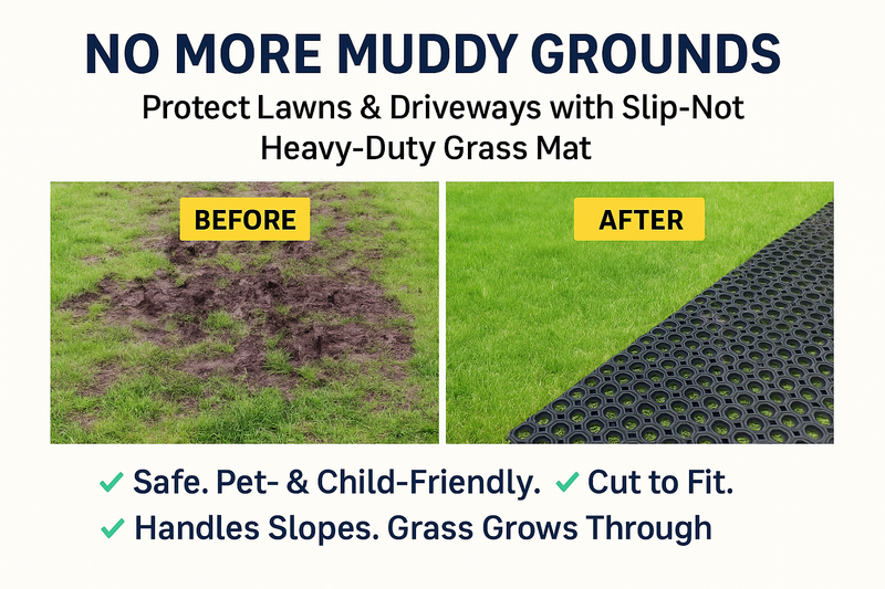 Infographic titled 'No More Muddy Grounds' showing before-and-after images illustrating how Slip-Not heavy-duty rubber grass mats protect lawns and driveways from mud; highlights safe, pet- and child-friendly design, easy to cut, handles slopes and allows grass to grow through.