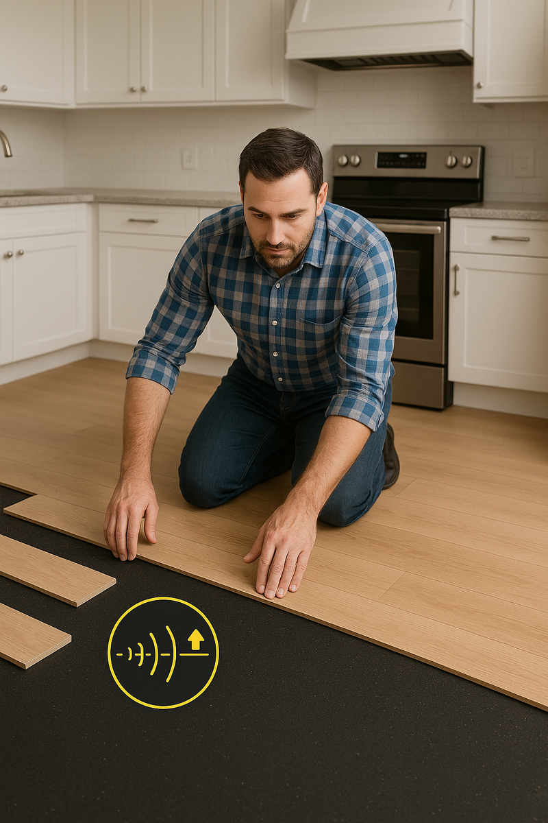 Man installing wood-look planks with Rubber Acoustic Underlay – Up to 54 dB Impact Noise Insulation 3mm. Features an underlayment icon, highlighting soundproof and acoustic capabilities for effective noise reduction and sound insulation.