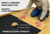 3 mm recycled rubber acoustic underlay being installed under laminate flooring; demonstration of impact and airborne noise reduction up to 54 dB, prevents floor transmission and minimizes sound transfer for residential and commercial floors.