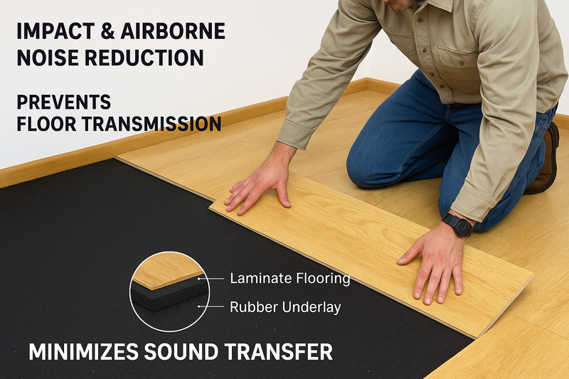 3 mm recycled rubber acoustic underlay being installed under laminate flooring; demonstration of impact and airborne noise reduction up to 54 dB, prevents floor transmission and minimizes sound transfer for residential and commercial floors.