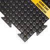 Close-up of interlocking studded walkway mat tile with puzzle edge; heavy-duty natural rubber/SBR tile with raised coin studs and yellow 'SAME DAY DISPATCH!' banner, providing non-slip traction and easy interlocking installation for walkways, kennels and stables. Measures 1 m × 1 m and 17 mm thick.