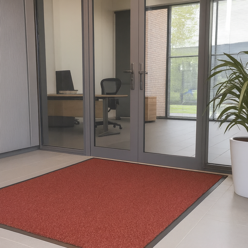 Red moisture-trapping entrance mat inside modern office entryway with glass doors and plant; durable olefin pile absorbs dirt and moisture; ribbed vinyl backing keeps mat in place, reduces slips and protects floors.