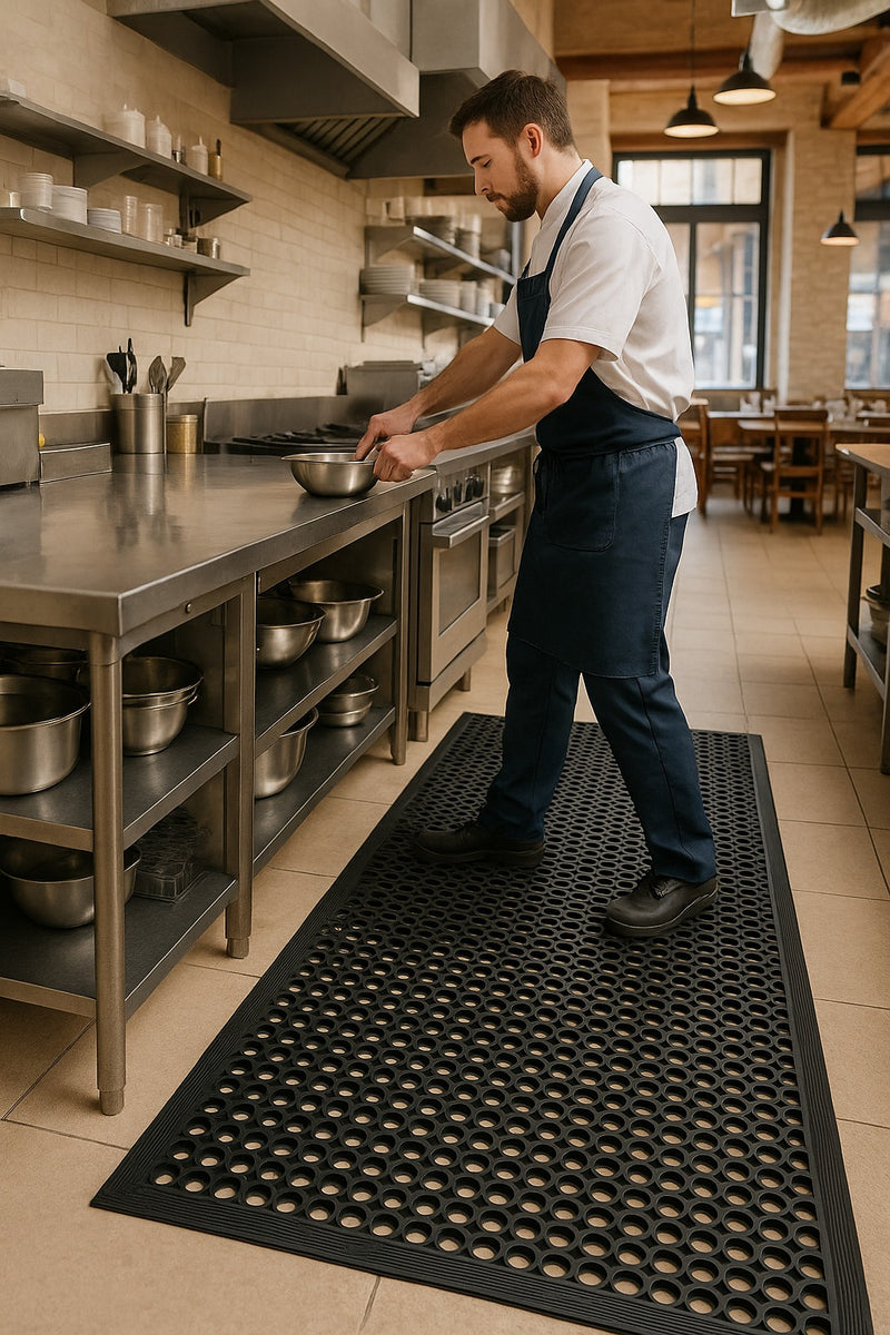 Worker moving pot on Slip-Not workstation rubber matting in a commercial kitchen; black anti-fatigue rubber mat with open-circle holes and bevelled edges provides cushioning, drainage and non-slip traction. Mat measures 1.52 m x 0.91 m and 12.5 mm thick.