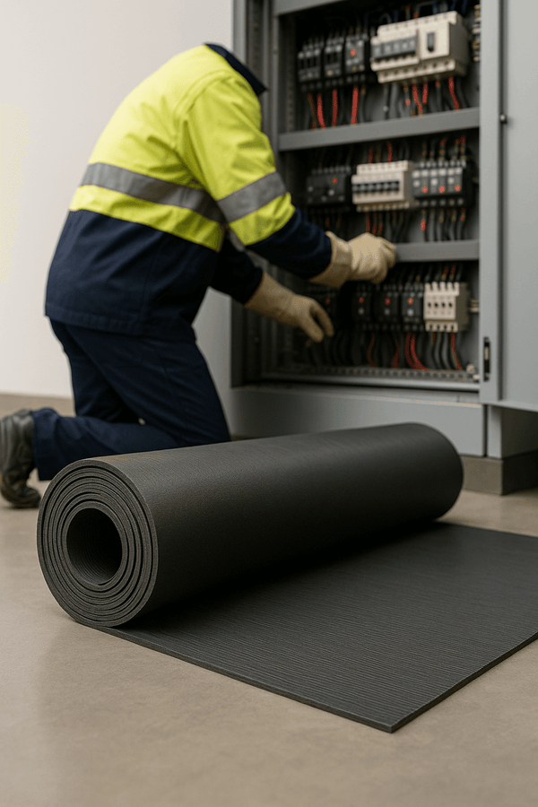 High voltage electrical insulation mat – IEC 61111 Class 1 safety mat roll; 7.5 kV rated, 3 mm thick, 1 m wide EPDM rubber mat with slip-resistant fine-ribbed surface, worker installing at control panel for electrical insulation.