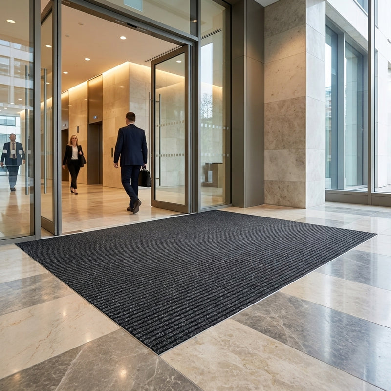 Anthracite polypropylene barrier entrance matting installed flush in matwell — UK office lobby, triple-ribbed surface, professional recessed fit