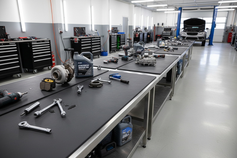 Automotive workshop with black rubber matting