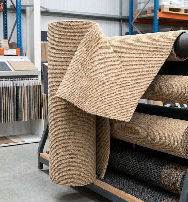 Beige polypropylene barrier entrance matting roll — clean cut edge, no black border or binding, ready to cut to length