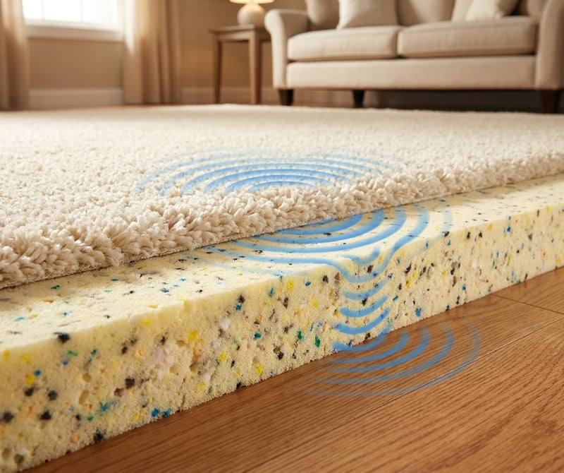 43dB sound reduction — 11mm PU foam carpet underlay absorbs impact noise between floors, reduces footfall sound in flats and houses