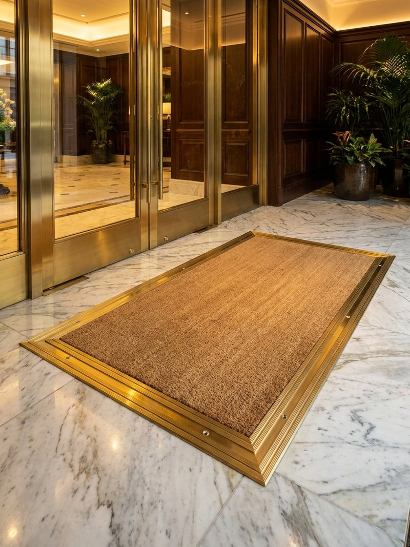 Gold brass matwell frame installed in luxury hotel entrance — entrance mat flush-fitted in polished brass frame, marble floor surroundings