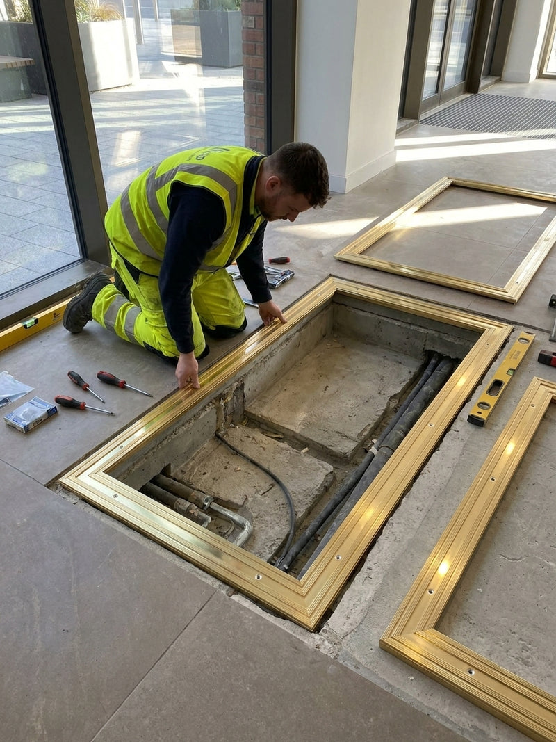 Gold brass matwell frame being installed — tradesperson fitting pre-drilled mitred sections into floor recess, professional installation
