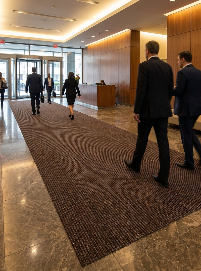 Brown barrier entrance matting installed in commercial building foyer — clean edges, no black edging, triple-ribbed surface