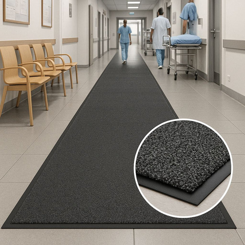 Hospital corridor with long non-slip rubber runner; nurse pushing bed and doctor walking; inset shows textured surface capturing dirt and moisture to keep floors dry and safe.