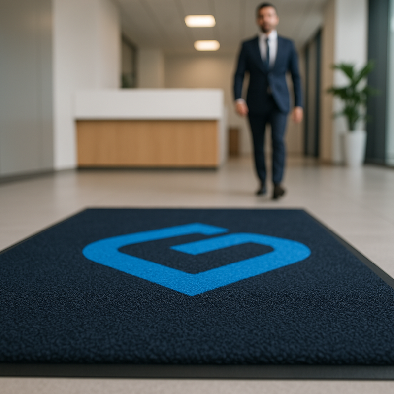 ChromaStep custom logo mat — full-colour printed entrance mat in corporate office reception, mat in sharp foreground