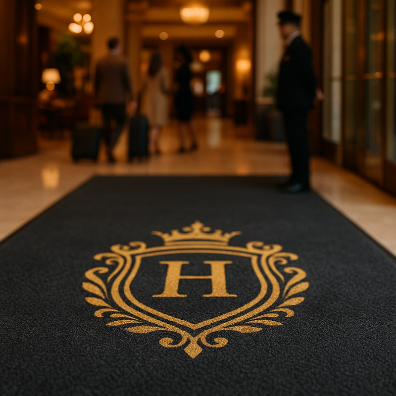 ChromaStep custom logo mat — luxury hotel lobby entrance mat with gold crest, mat dominant foreground