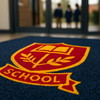 ChromaStep custom logo mat — school entrance mat with crest logo, sharp mat focus low angle shot
