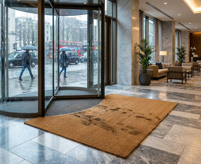 Natural coir entrance matting at UK hotel lobby entrance — 17mm heavy duty coconut fibre mat with PVC backing