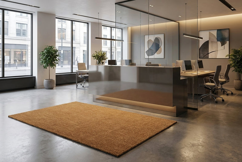 Natural coir entrance matting in UK office reception — commercial grade coconut fibre floor mat 1m and 2m wide