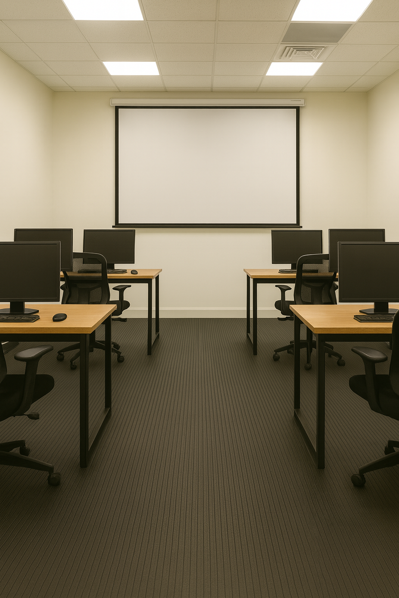 Electrical safety matting class 4 high-voltage insulation rubber flooring in a classroom training room; 36 kV rated, 5 mm thick, 1 m wide EPDM ribbed matting providing electrical insulation with fine-ribbed anti-slip surface for training and safety.
