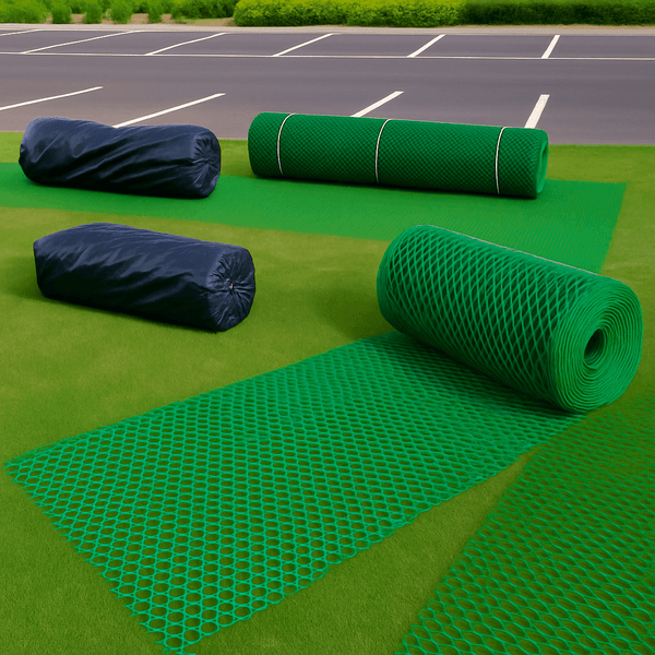 Heavy-duty grass protection mesh rolls on lawn; green reinforced turf mat suitable for car parks, driveways and lawns.