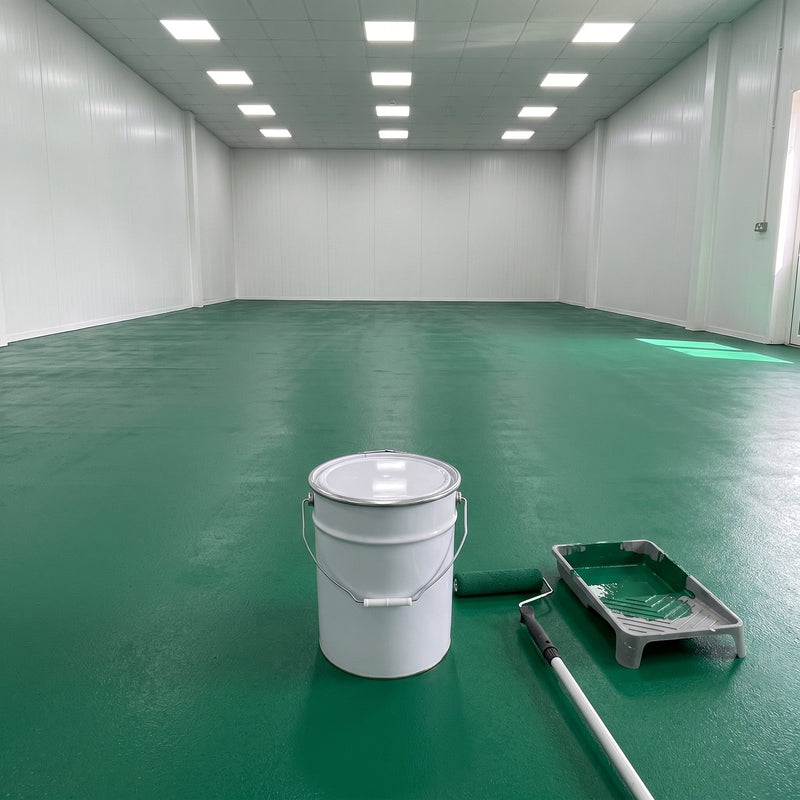 Light green floor paint on a clean production unit floor, 20 litre tin and roller