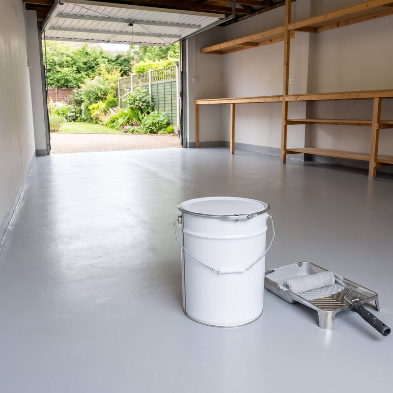 Light grey floor paint on a home garage floor with the door open to the garden, 20 litre tin and roller