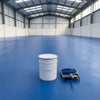 Mid blue floor paint across a large empty factory floor, 20 litre tin and roller tray