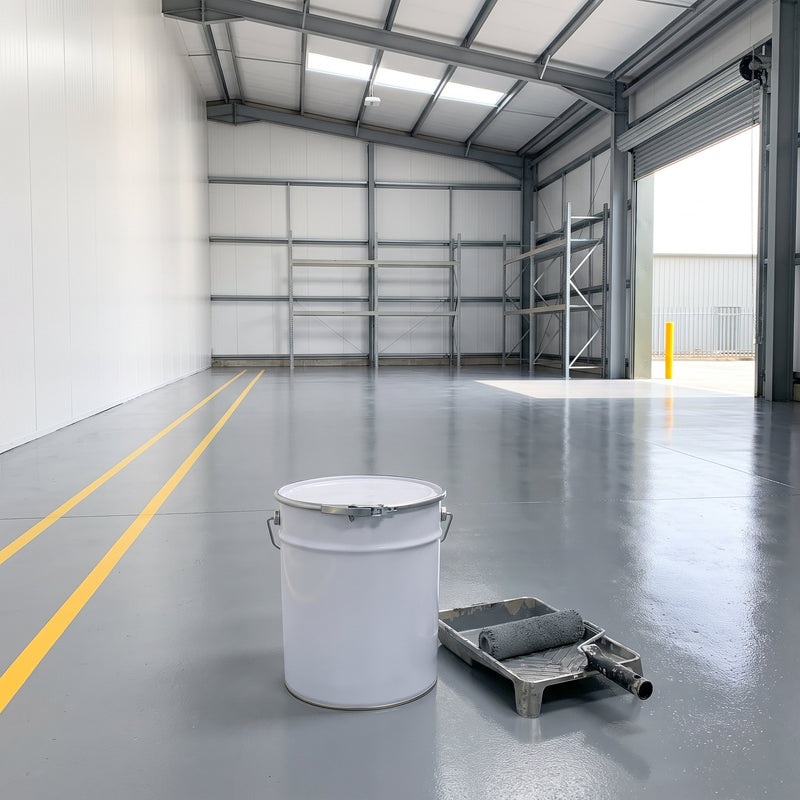 Mid grey heavy duty floor paint on a warehouse floor with yellow walkway lines, 20 litre tin and roller in front