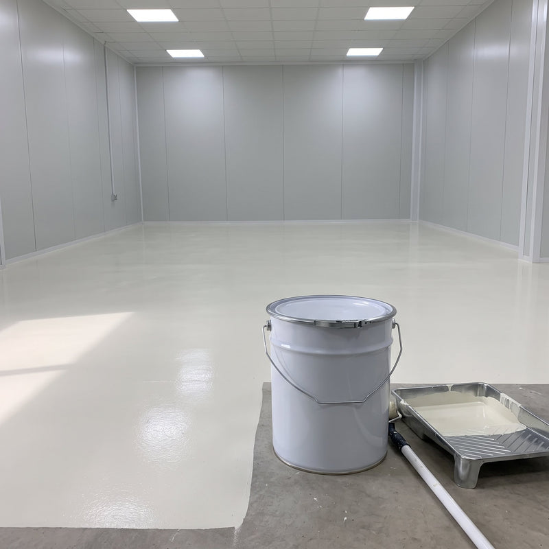White floor paint being rolled onto a clean-room floor, 20 litre tin and roller tray on bare concrete