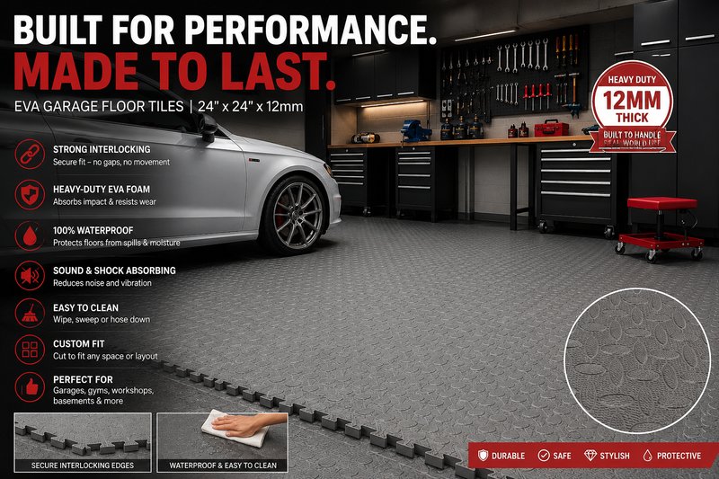 EVA Garage Floor Tiles | Interlocking Non-Slip Foam Mat | 24"x24" 12mm | Waterproof | Garage, Gym & Workshop