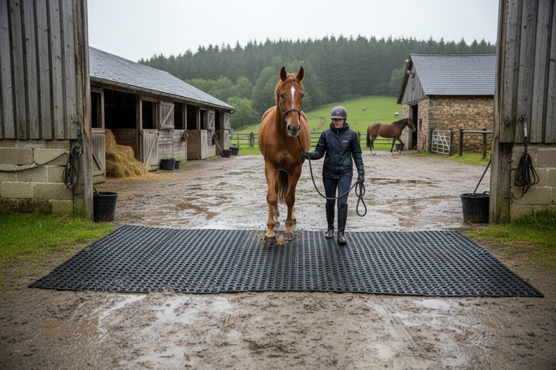 Horse and handler using mat at stable entrance