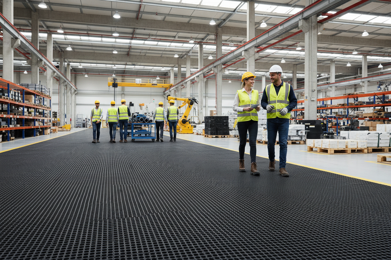 Industrial warehouse with fine ribbed rubber flooring