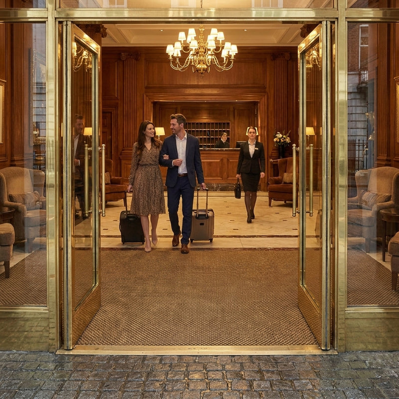 Natural patterned fibre bonded entrance matting in UK hotel lobby — polypropylene construction, 10mm thick, Class 32 commercial grade