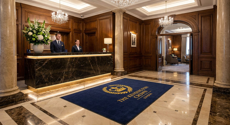 Custom logo mat in luxury hotel reception — premium digital print, photographic quality, navy blue with gold emblem, professional branding