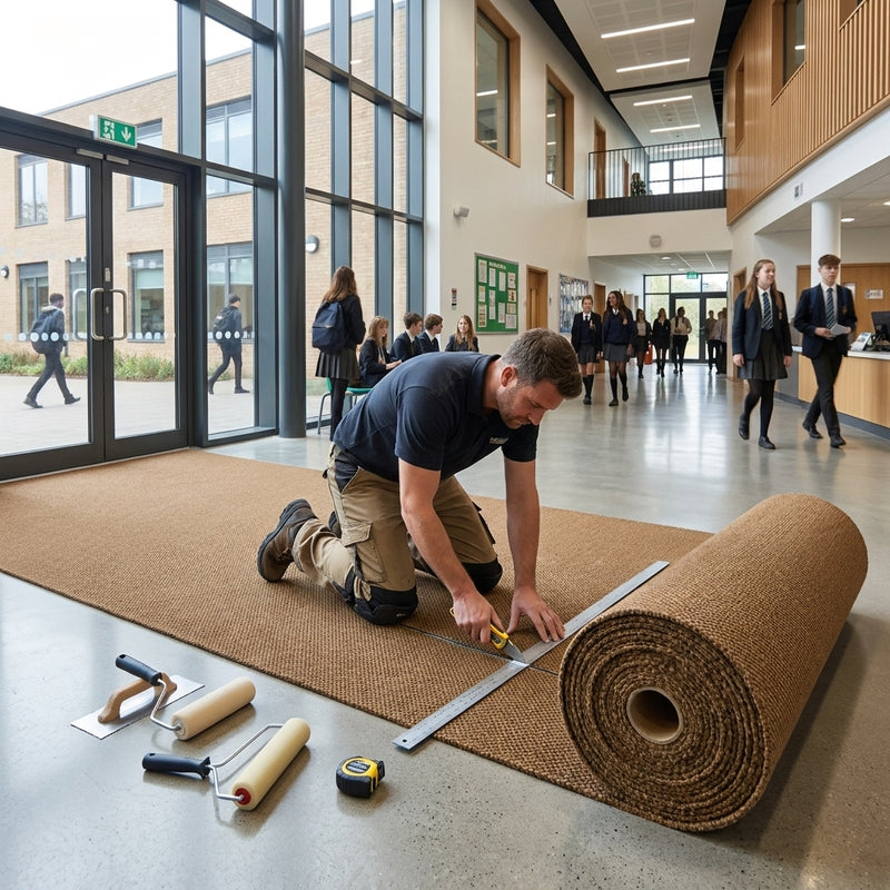 Patterned polypropylene fibre bonded entrance matting being cut to length — 2m wide roll, cut to size installation