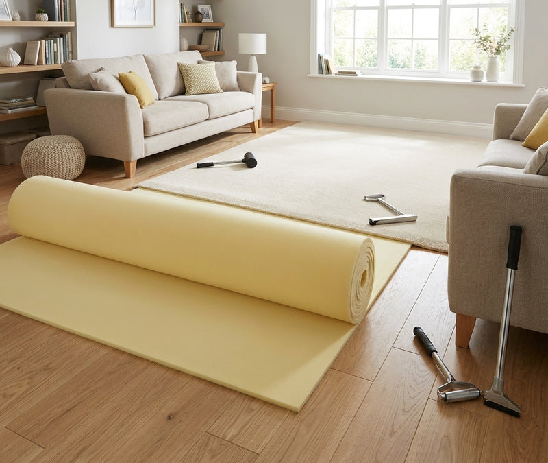 Recycled PU foam carpet underlay being laid in UK living room — 11mm thick foam roll, 3.1 TOG thermal insulation, professional installation