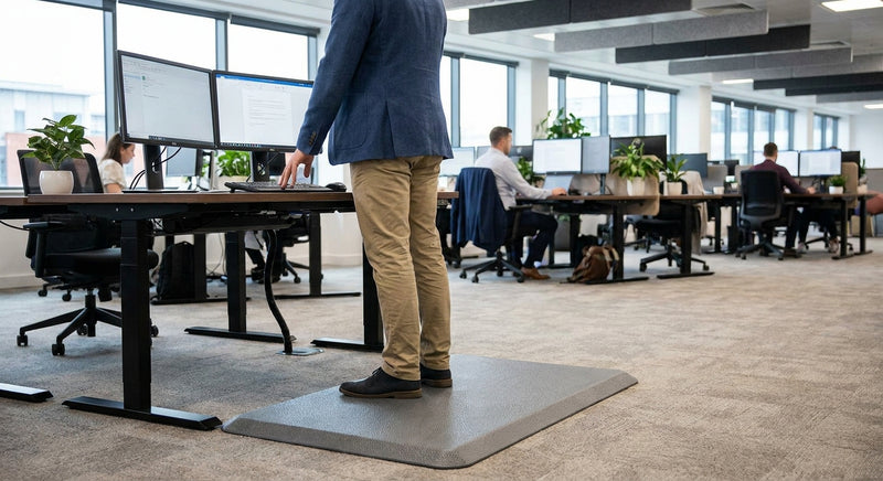 Grey anti-fatigue mat at office standing desk — 9mm PVC foam, diamond texture, pebble surface for prolonged standing comfort
