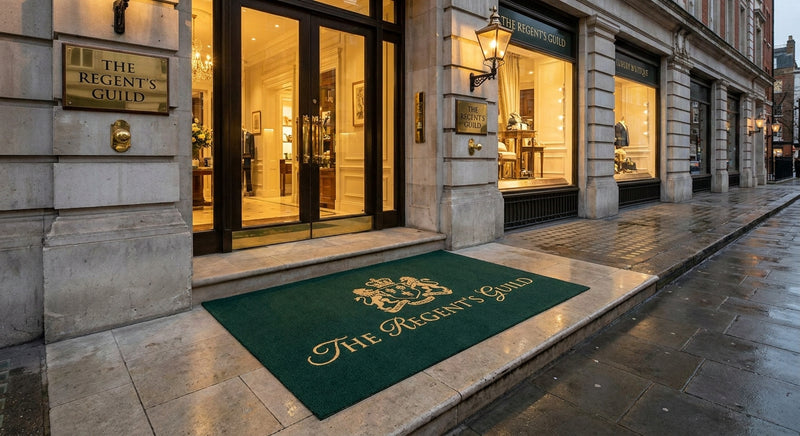 Custom logo mat at premium restaurant or boutique entrance — outdoor-rated UV-stable digital print, dark green with gold design