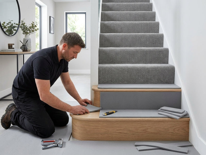 Memory foam carpet underlay being fitted to staircase in UK home — 12mm thick PU foam on stair treads before carpet installation