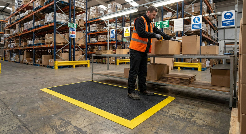 Anti-fatigue mat with yellow safety border at UK warehouse packing station — 9mm PVC foam, bevelled edges, worker standing on black mat