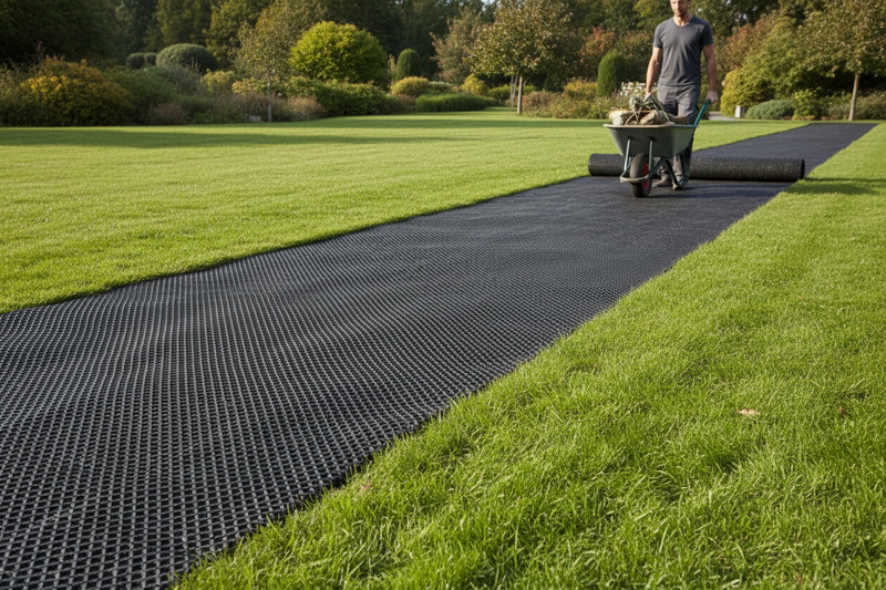 Person with wheelbarrow on wide mat